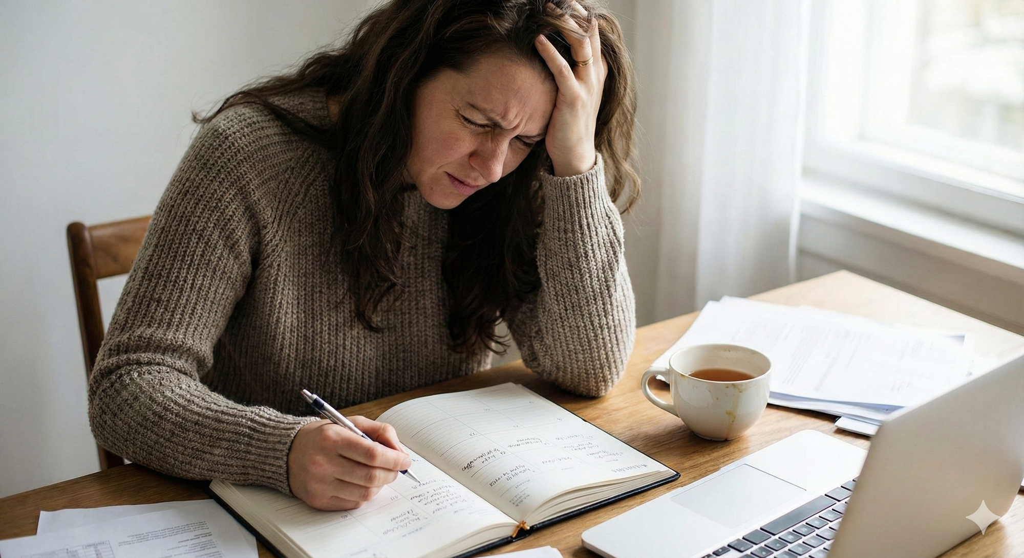 A woman with long hair at a desk holding her head to show brain fog while writing in a 2026 planner, illustrating the link between gut health and mental clarity.